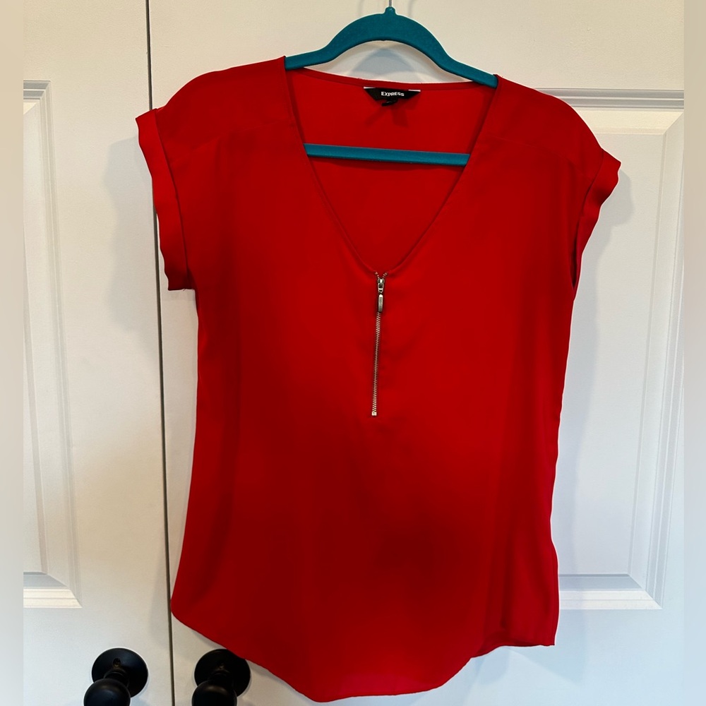 Red satin blouse with gold/bronze zipper from Express